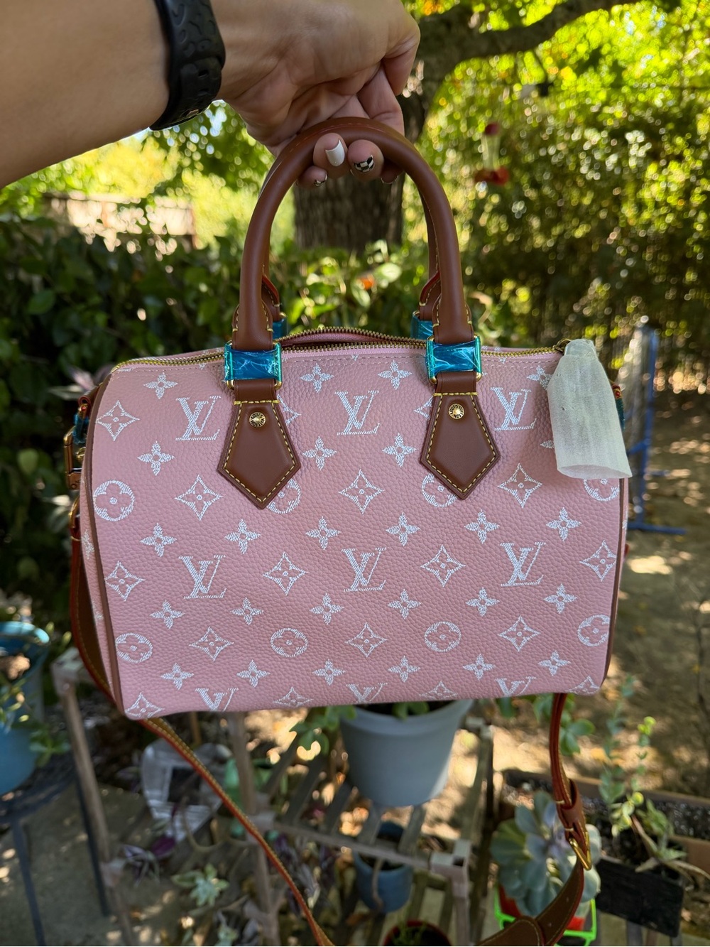 💕Fashion Bag💕 Pink & White Satchel with Brown Trim 25cm NWOT